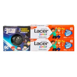 Lacer Junior gel dentifrico sabor Fresa oferta duplo, 2x75 ml+ REGALO Figura La liga de la Justicia