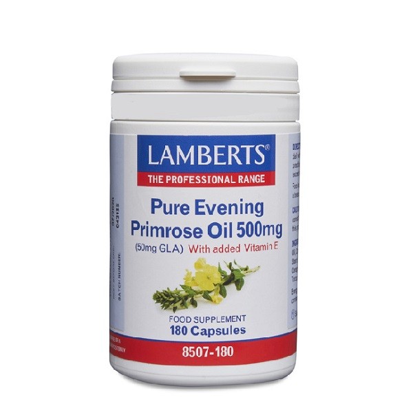 LAMBERTS Aceite de onagra puro 500mg con vitamina E, 180 cápsulas