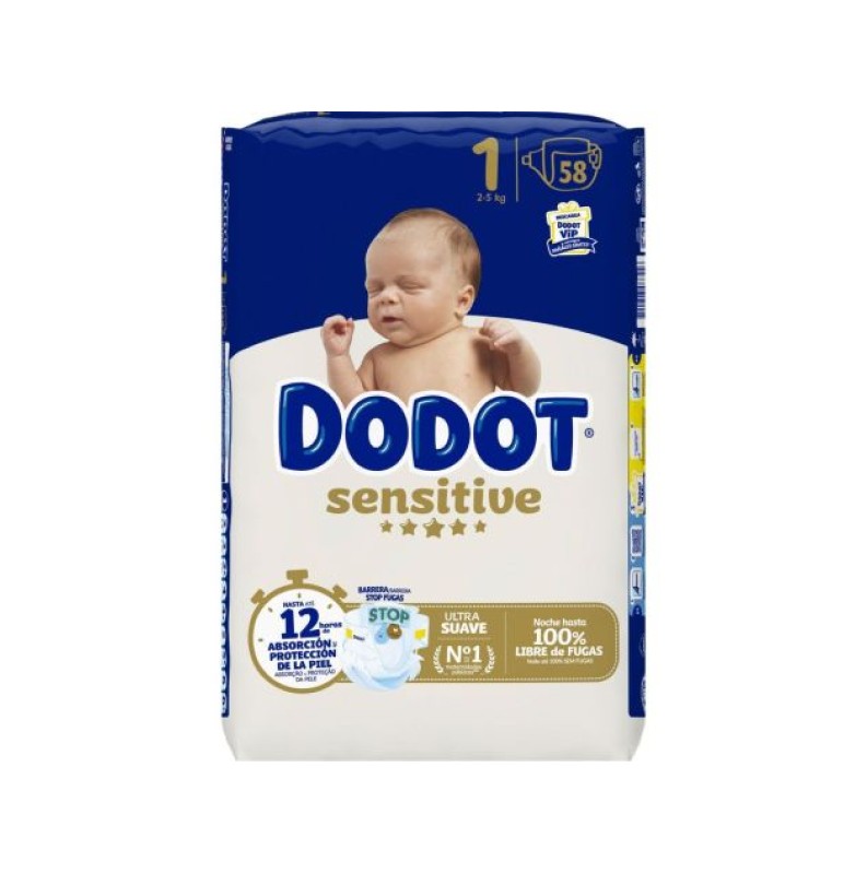 Dodot Sensitive Infantil Pañal Talla 1 2-5 kg, 58 unidades